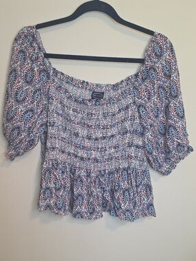 Scoop NYC Blue Multi Smocked Peplum Crop Top